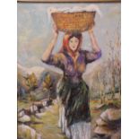A LARGE GILT FRAMED OIL ON CANVAS DEPICTING A WOMAN CARRYING A BASKET SIGNED MARRAMA B