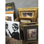 A BOX OF PICTURES AND PRINTS TO INCLUDE A MODERN PENCIL STUDY, MODERN OIL PAINTING ETC