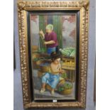 A LARGE GILT FRAMED ITALIAN STYLE OIL ON CANVAS DEPICTING FRUIT SELLERS SIGNED R. PASQUINELLI