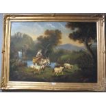 A LARGE MODERN CONTINENTAL STYLE GILT FRAMED OIL ON CANVAS DEPICTING A LADY ON A DONKEY WITH GOATS