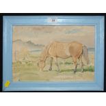 A FRAMED WATERCOLOUR DEPICTING A HORSE GRAZING