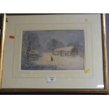 A FRAMED AND GLAZED WATERCOLOUR DEPICTING A RUSTIC WINTER SCENE WITH FIGURE BESIDE A COTTAGE