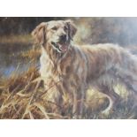 A FRAMED AND GLAZED SIGNED LIMITED EDITION PRINT OF A GOLDEN RETRIEVER