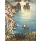 A FRAMED OIL ON CANVAS OF A ROCKY COASTAL SCENE SIGNED C PICOLLI LOWER LEFT