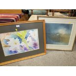 A FRAMED AND GLAZED ABSTRACT FLORAL WATERCOLOUR SIGNED ERNEST TWIGG, TOGETHER WITH A FRAMED AND