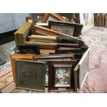 A BOX OF PICTURE FRAMES AND PRINTS ETC