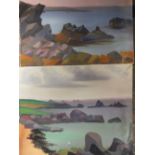 A PAIR OF UNFRAMED COASTAL SCENE OILS ON PAPER LAID ON BOARD