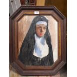 AN OCTAGONAL FRAMED OIL ON CANVAS LAID ON BOARD PORTRAIT STUDY OF A NUN STAMPED PATRICK LAMBERT