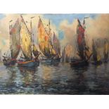 AN UNFRAMED OIL ON CANVAS DEPICTING A FLEET OF FISHING BOATS AT SEA SIGNED T BAKER A/F