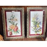 A PAIR OF VINTAGE FRAMED AND GLAZED FLORAL PAINTINGS ON MILK GLASS INDISTINCTLY SIGNED LOWER RIGHT