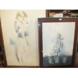 A LARGE FRAMED AND GLAZED COLOURED PENCIL DRAWING OF A WOMAN IN A LEOTARD SIGNED ADRIAN GEORGE