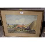 A FRAMED AND GLAZED WATERCOLOUR OF A FARMYARD SCENE WITH CHICKEN SIGNED K N SWANN