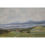 A FRAMED AND GLAZED WATERCOLOUR ENTITLED 'A VIEW OF DOUGLAS' SIGNED LOWER RIGHT