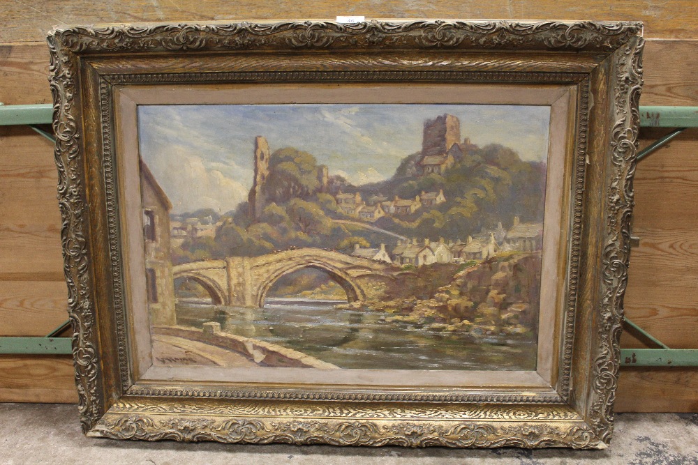 LORRAINE (XIX-XX). Impressionist riverside town with stone bridge and hilltop ruins, signed lower