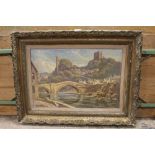 LORRAINE (XIX-XX). Impressionist riverside town with stone bridge and hilltop ruins, signed lower