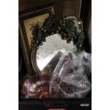 A BOX OF ASSORTED SUNDRIES TO INCLUDE MIRRORS, CARNIVAL GLASS ETC
