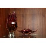 TWO ITEMS OF MURANO PINK AND AMBER STUDIO / ART GLASS, of organic flowing form, comprising a vase