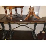 A WOODEN TOPPED CAST BASE PUB TABLE H-72 W-61 L-107 CM