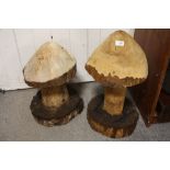 TWO CARVED GARDEN MUSHROOM ORNAMENTS