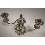 A SHORT SILVER PLATED THREE BRANCH CANDELABRA, W 30 cm