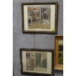 TWO FRAMED AND GLAZED MIXED MEDIA PICTURES GENTLEMEN WITH THEIR DOGS SIGNED R RAWLAND