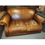 A VINTAGE STYLE BROWN LEATHER TWO SEATER SETTEE - MISSING FEET