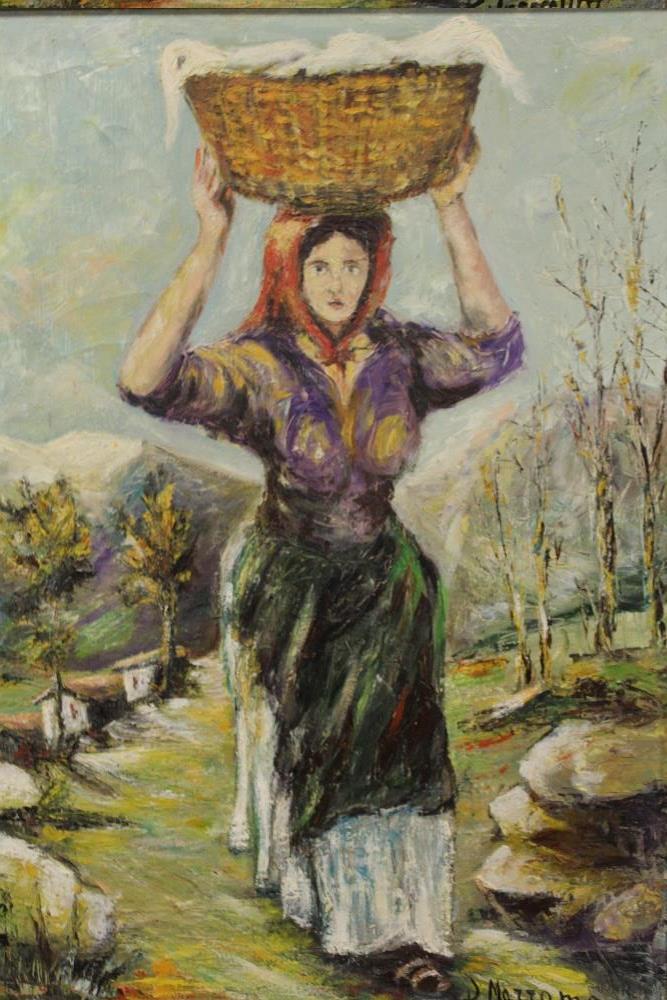 A LARGE GILT FRAMED OIL ON CANVAS DEPICTING A WOMAN CARRYING A BASKET SIGNED MARRAMA B