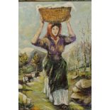 A LARGE GILT FRAMED OIL ON CANVAS DEPICTING A WOMAN CARRYING A BASKET SIGNED MARRAMA B