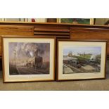 TWO FRAMED AND GLAZED SIGNED LOCOMOTIVE INTEREST PRINTS - 'BATTLE AT BRICKYARD CROSSING' BY
