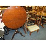 AN ANTIQUE OAK AND CROSSBANDED PEDESTAL TABLE, TOGETHER WITH A TOWEL RAIL AND STOOL (3)