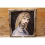A FRAMED MIXED MEDIA ON BOARD PORTRAIT STUDY OF A BLONDE LADY