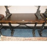 A WOODEN TOPPED CAST BASE PUB TABLE H-72 W-61 L-107 CM