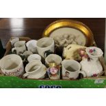 A TRAY OF ASSORTED CERAMICS TO INCLUDE AN AYNSLEY CABBAGE ROSE VASE A/F