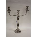 A TALL SILVER PLATED THREE BRANCH CANDELABRA, H 51.5 cm