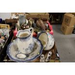 TWO TRAYS OF ASSORTED CERAMICS AND SUNDRIES TO INCLUDE A DOULTON JUG AND BOWL SET