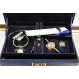 A JEWELLERY BOX AND CONTENTS TO INCLUDE TWO GOLD WRIST WATCHES