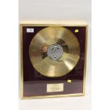 A FRAMED AND GLAZED GOLD RECORD AWARD PRESENTED TO BLACK SABBATH BY PHONOGRAM PTY LTD FOR 50,000