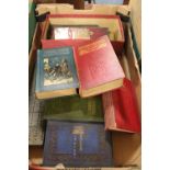 A BOX OF VINTAGE BOOKS, DRAUGHTS ETC