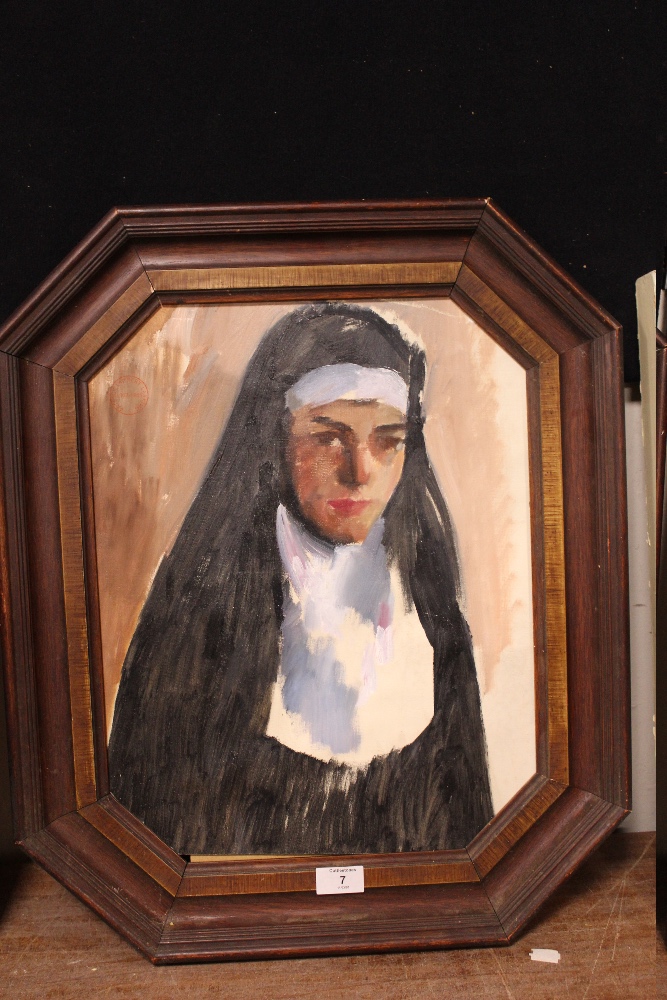 AN OCTAGONAL FRAMED OIL ON CANVAS LAID ON BOARD PORTRAIT STUDY OF A NUN STAMPED PATRICK LAMBERT