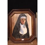 AN OCTAGONAL FRAMED OIL ON CANVAS LAID ON BOARD PORTRAIT STUDY OF A NUN STAMPED PATRICK LAMBERT