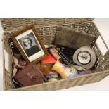 A BASKET OF ASSORTED COLLECTABLES TO INCLUDE AN ENAMEL COMPACT, POCKET WATCH ETC