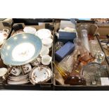 A TRAY OF ASSORTED CHINA TO INCLUDE A MINTON BOWL A/F TOGETHER WITH A BOX OF GLASSWARE TO INCLUDE