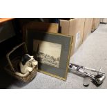 SUNDRIES TO INCLUDE A SHOOTING STICK, PAIR OF PRINTS, FIGURE OF A DOG IN A BASKET ETC