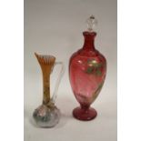 A CRANBERRY STYLE GLASS VASE TOGETHER WITH A GLASS EWER