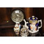 A VINTAGE CERAMIC DOUBLE SIDED TOBY TEAPOT, TWO SMALL MODERN ORIENTAL VASES, A VINTAGE OAK CASED