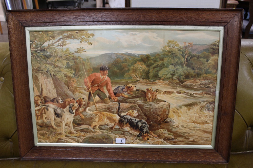 AN OAK FRAMED AND GLAZED VINTAGE PRINT ENTITLED THE OTTER HUNT BY J S NOBLE H-59CM W-84CM