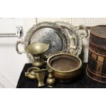 A COLLECTION OF ASSORTED METALWARE TO INCLUDE TWO SILVER PLATED TWIN HANDLED SERVING TRAYS,