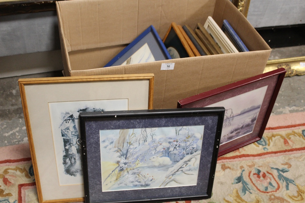 A LARGE BOX OF ASSORTED PICTURES AND PRINTS TO INCLUDE WATERCOLOURS