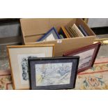 A LARGE BOX OF ASSORTED PICTURES AND PRINTS TO INCLUDE WATERCOLOURS