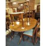 A REPRODUCTION MAHOGANY D-END TABLE AND SIX CHAIRS